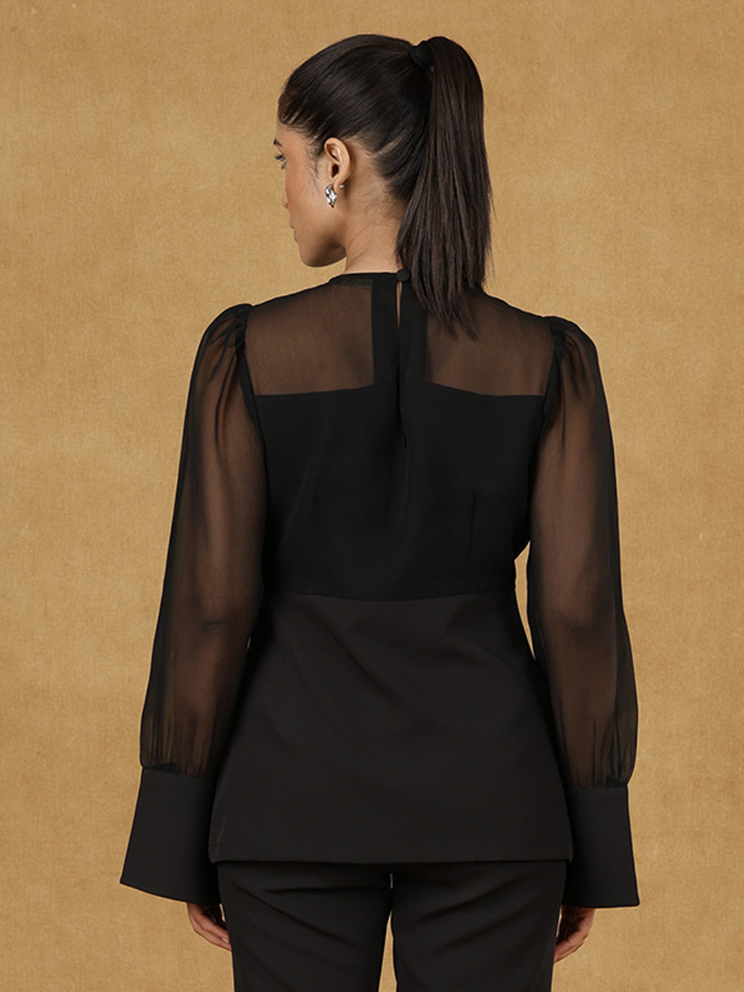 Black Elegant Round Neck Long Sleeve Peplum Top