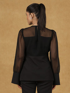 Black Elegant Round Neck Long Sleeve Peplum Top