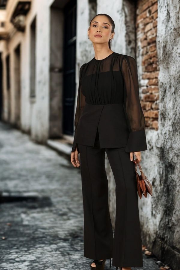 Women Black Elegant Round Neck Long Sleeve Peplum Top