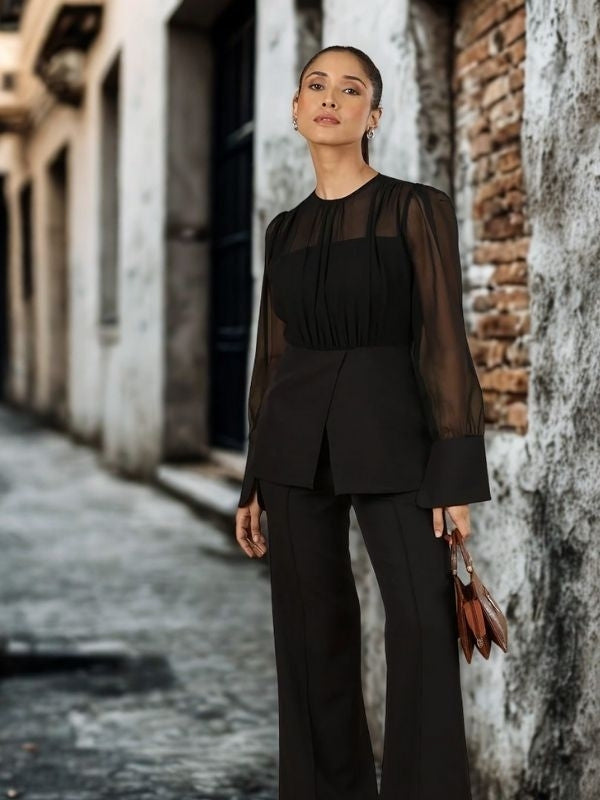 Women Black Elegant Round Neck Long Sleeve Peplum Top