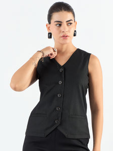 Black & White V-Neck Striped Sleeveless Vest Coat
