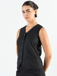Black & White V-Neck Striped Sleeveless Vest Coat