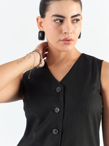 Black & White V-Neck Striped Sleeveless Vest Coat
