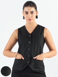 Black & White V-Neck Striped Sleeveless Vest Coat