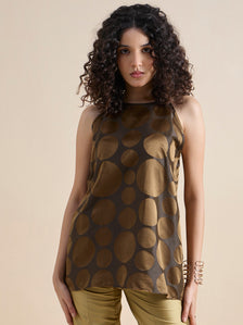 Copper-Brown Polka Dot Pure Silk Halter Neck Top