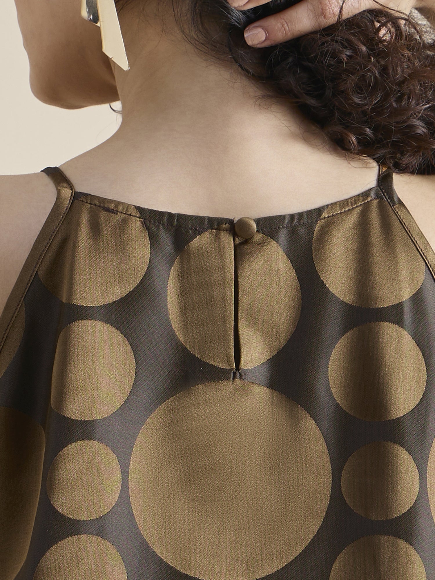 Copper-Brown Polka Dot Pure Silk Halter Neck Top