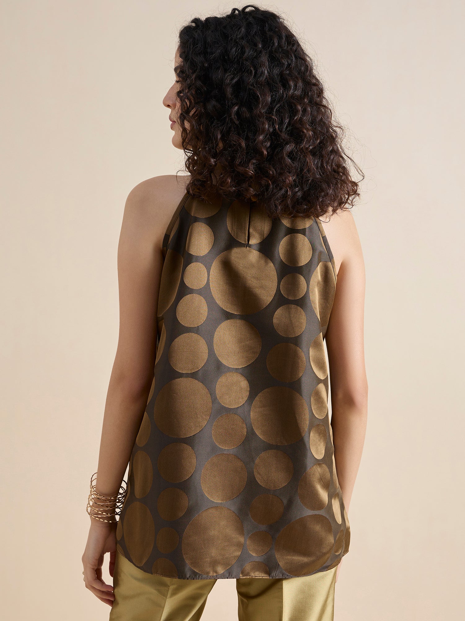 Copper-Brown Polka Dot Pure Silk Halter Neck Top