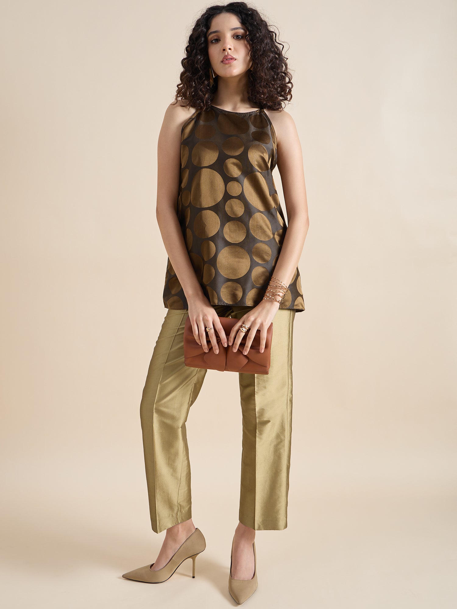 Copper-Brown Polka Dot Pure Silk Halter Neck Top