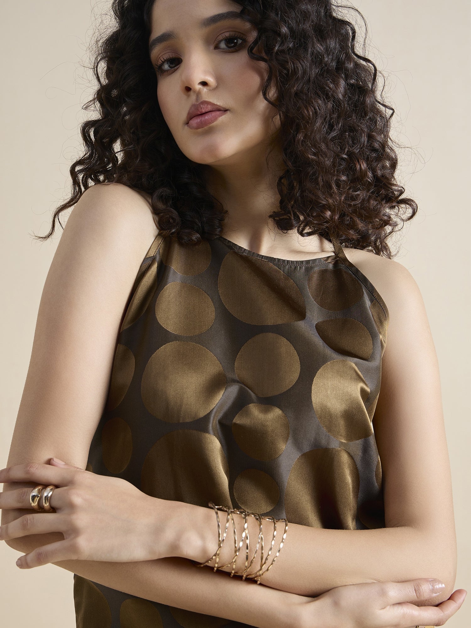 Copper-Brown Polka Dot Pure Silk Halter Neck Top