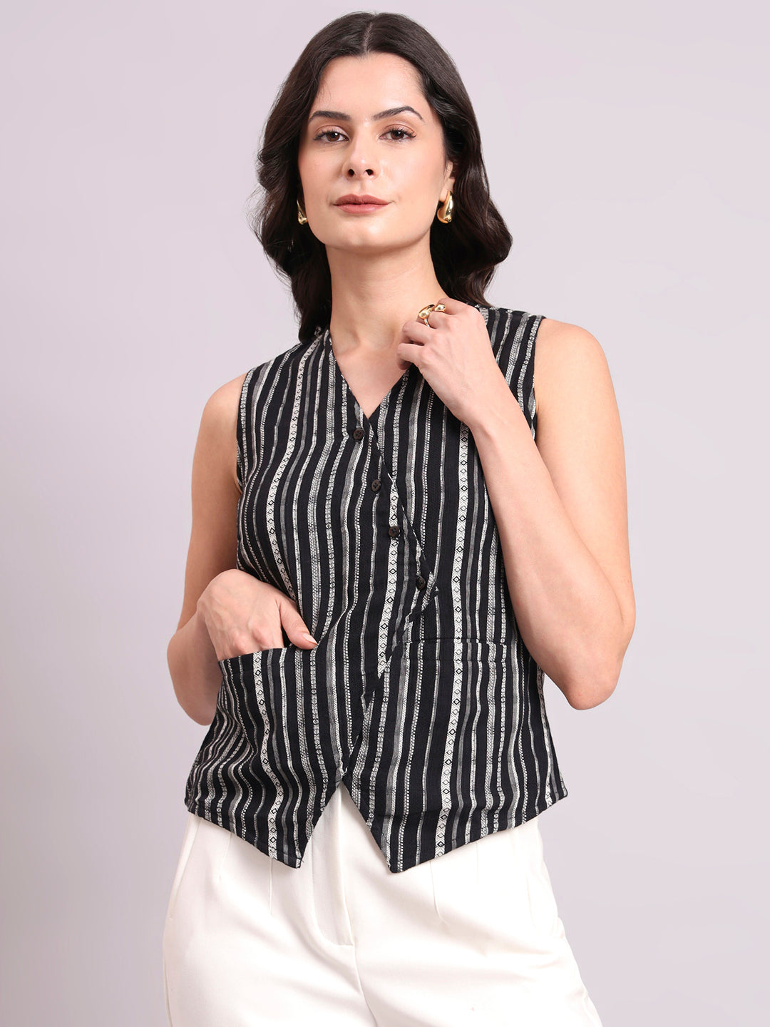 Asymmetric Cotton-Lycra Woven Black & White Striped Vest Top