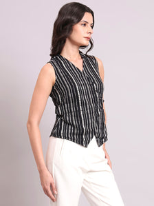 Asymmetric Cotton-Lycra Woven Black & White Striped Vest Top