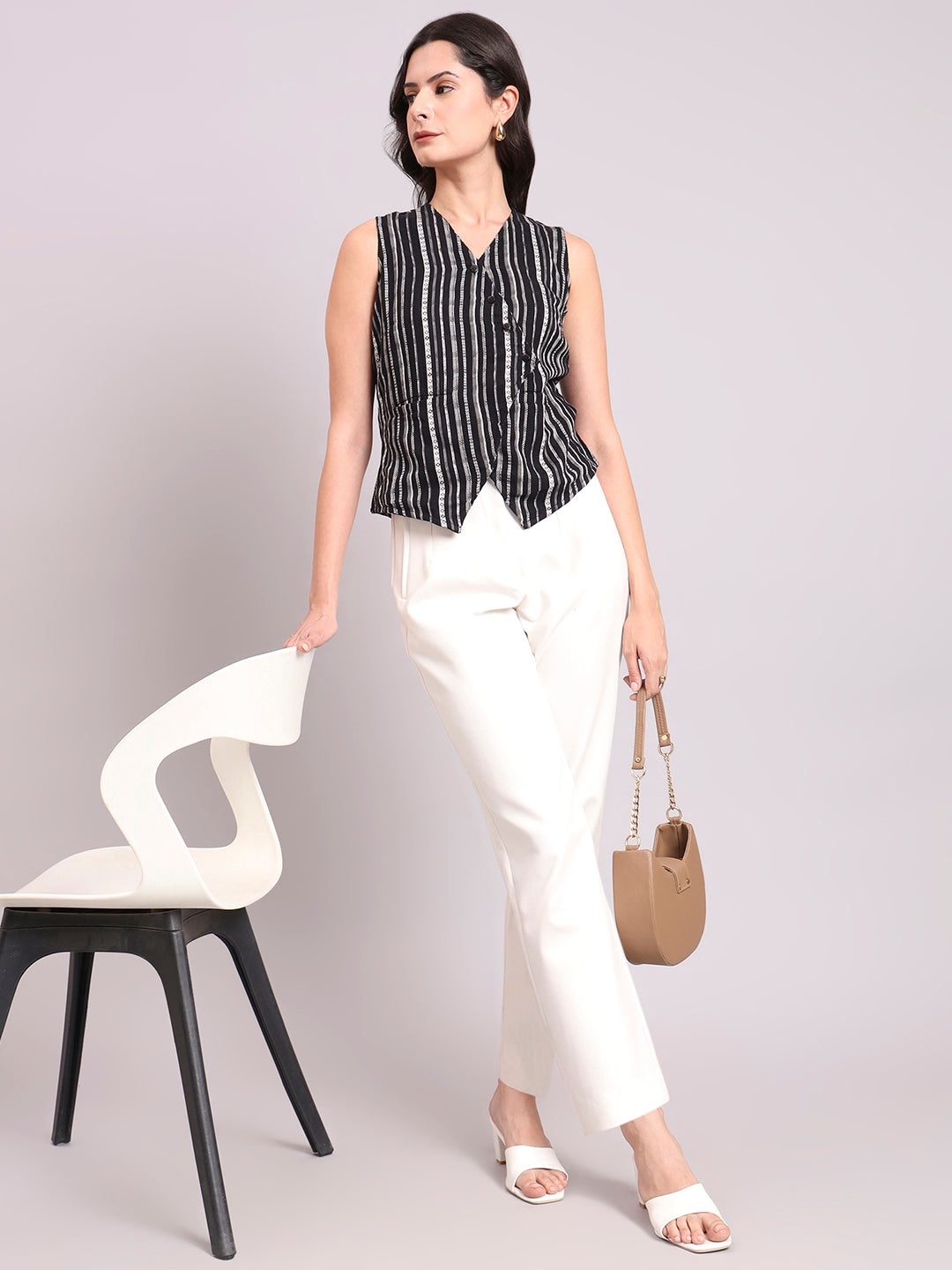 Asymmetric Cotton-Lycra Woven Black & White Striped Vest Top