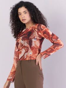 Abstract-Print Mesh Styled Cropped Top In 4-Way Stretch With Camisole