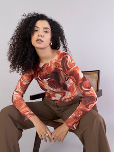 Abstract-Print Mesh Styled Cropped Top In 4-Way Stretch With Camisole