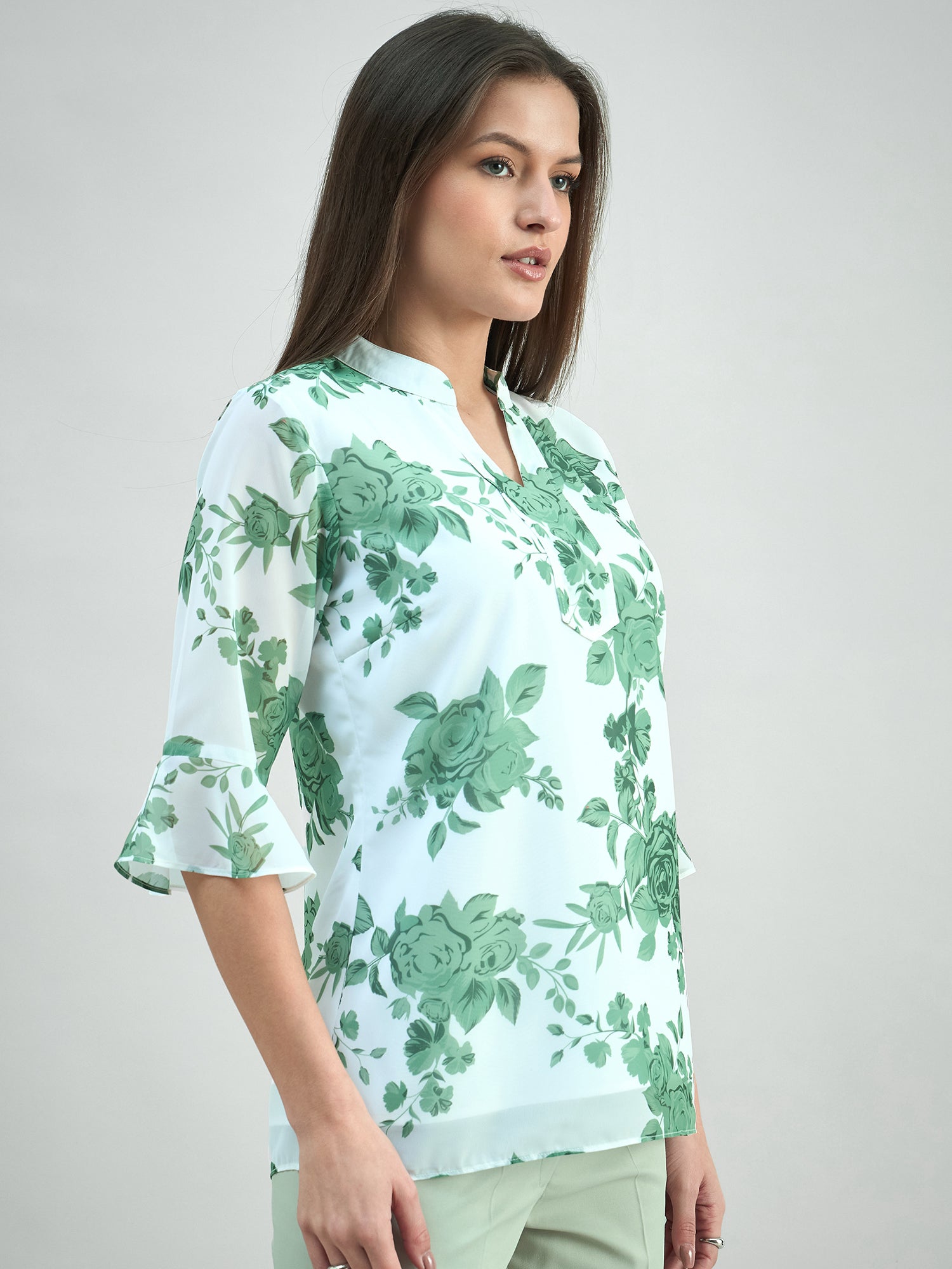 Women Floral Printed Flared Sleeve V-Neck Top