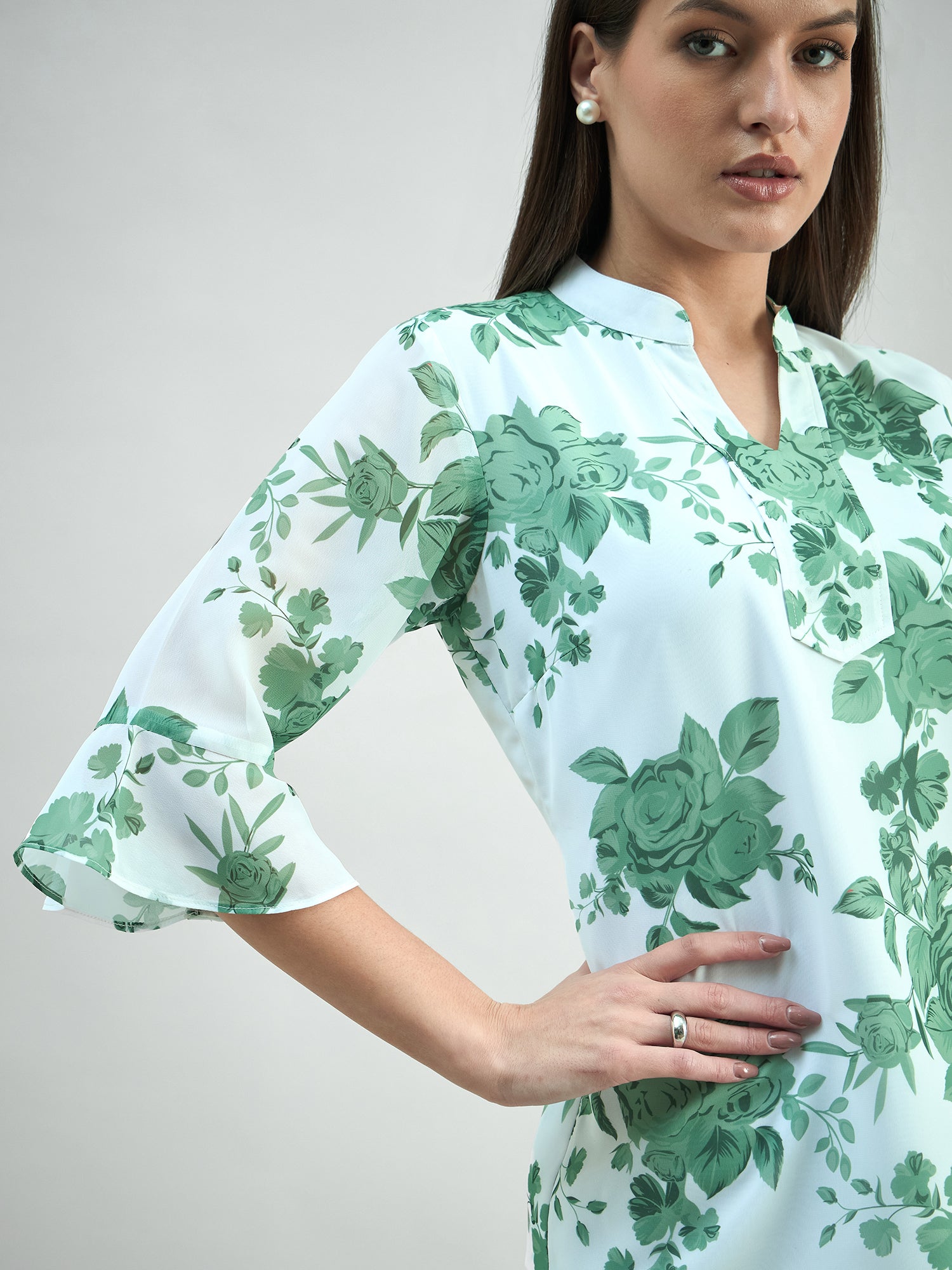 Women Floral Printed Flared Sleeve V-Neck Top