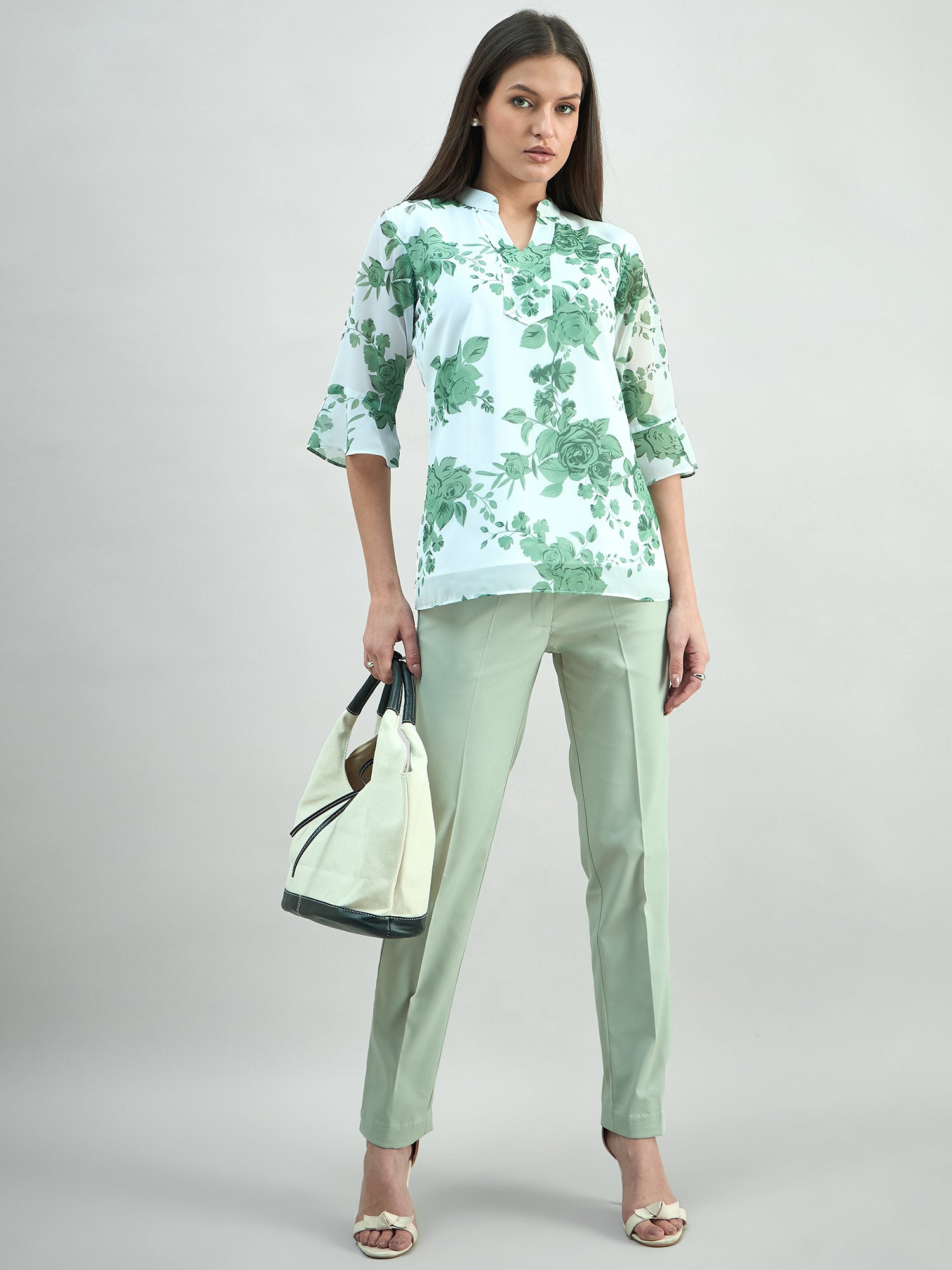 Women Floral Printed Flared Sleeve V-Neck Top