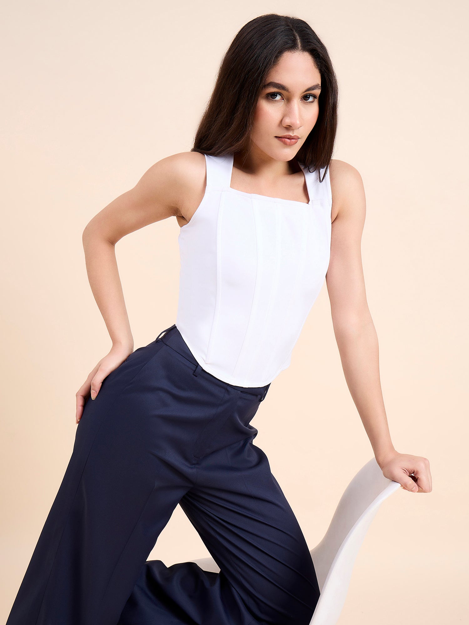 Solid White Square Neck Corset Crop Top In Stretch Fabric