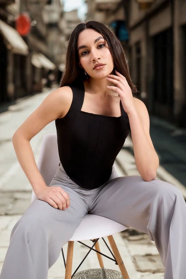 Women Solid Black Square Neck Corset Crop Top