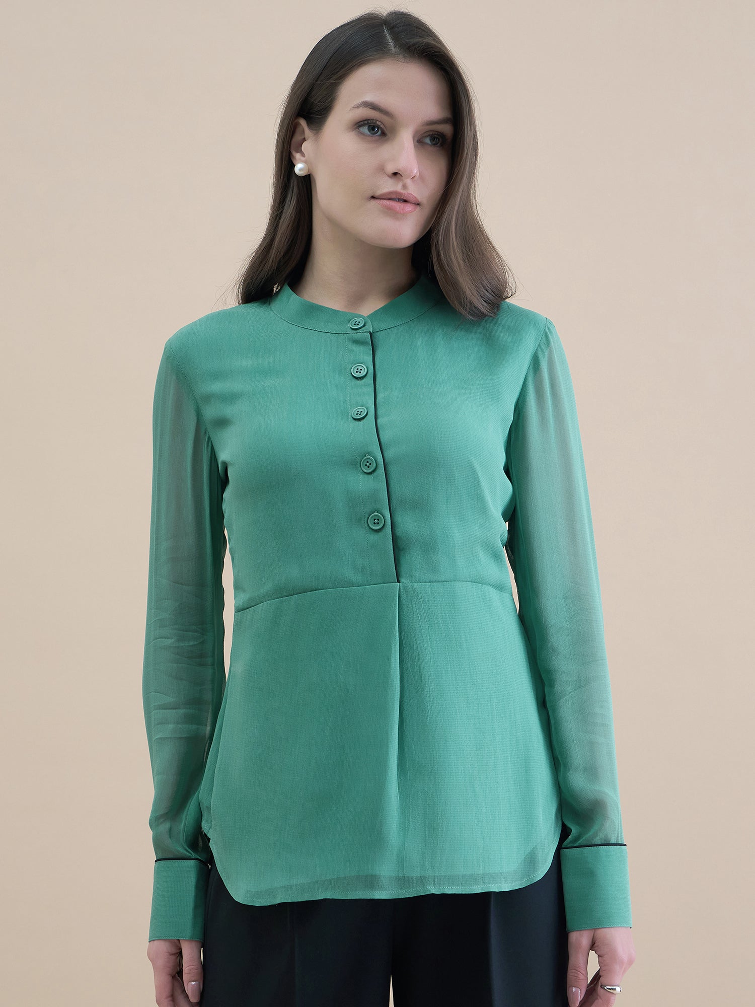 Women Piping Detailed Button-Up Long Sleeve Solid Top