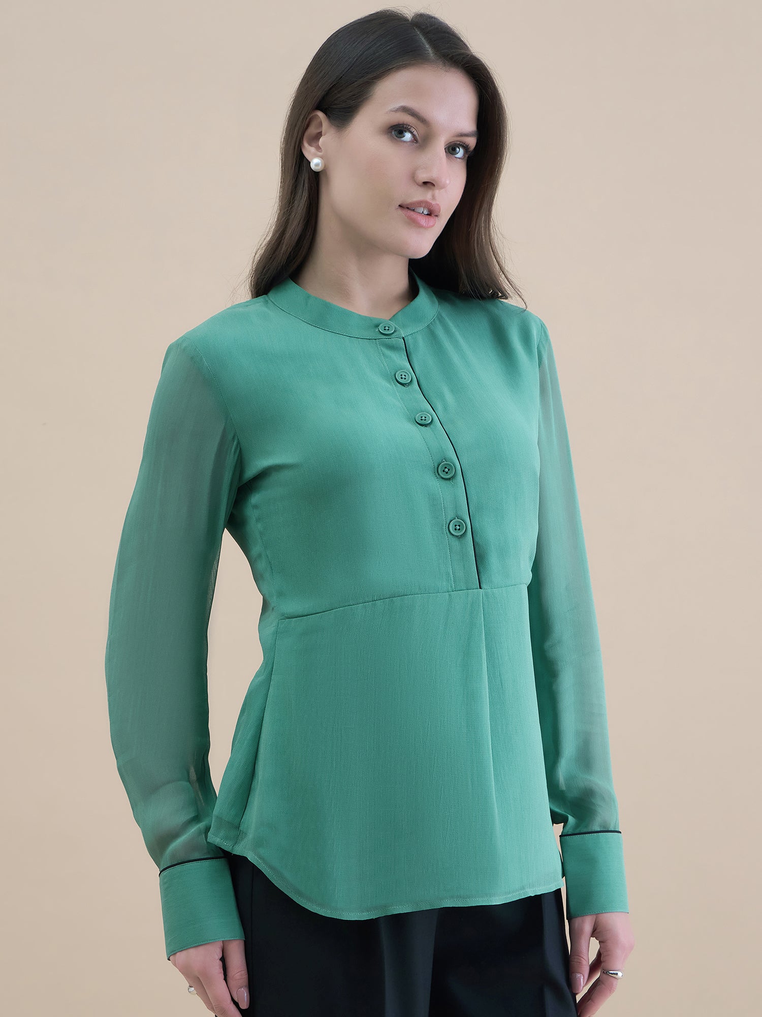 Women Piping Detailed Button-Up Long Sleeve Solid Top