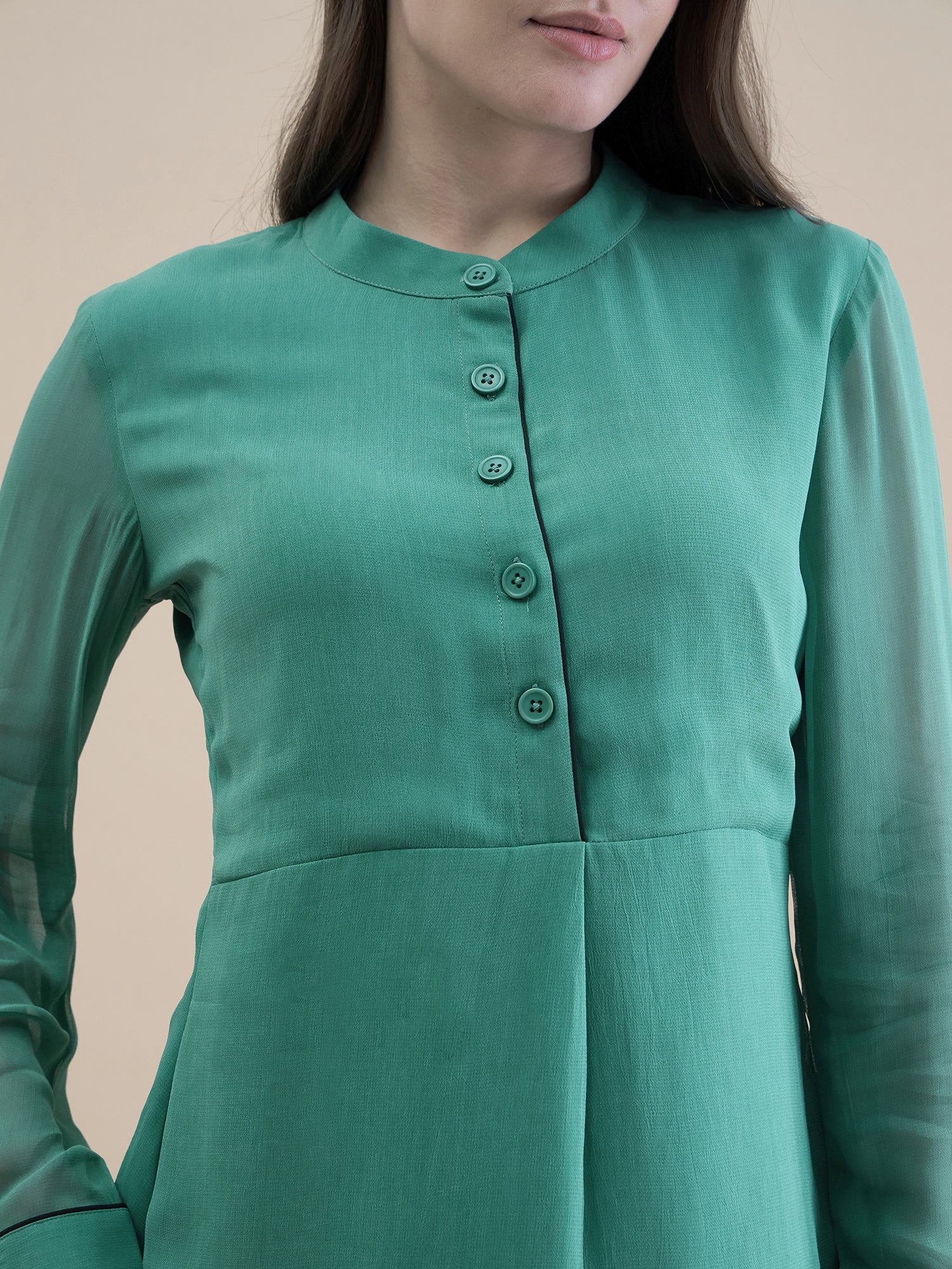 Women Piping Detailed Button-Up Long Sleeve Solid Top