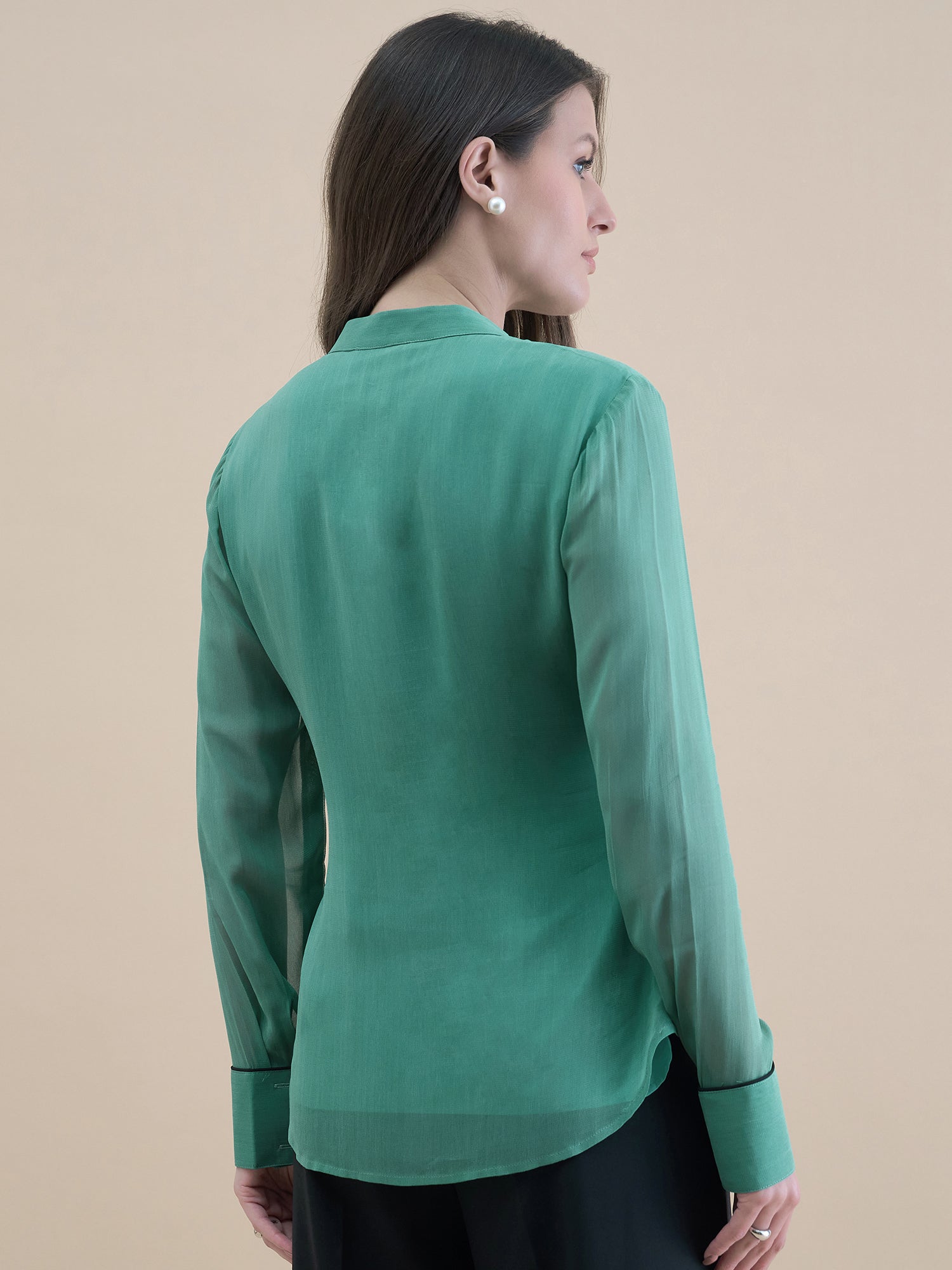Women Piping Detailed Button-Up Long Sleeve Solid Top