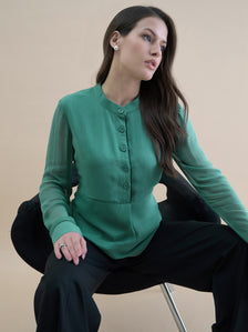 Women Piping Detailed Button-Up Long Sleeve Solid Top