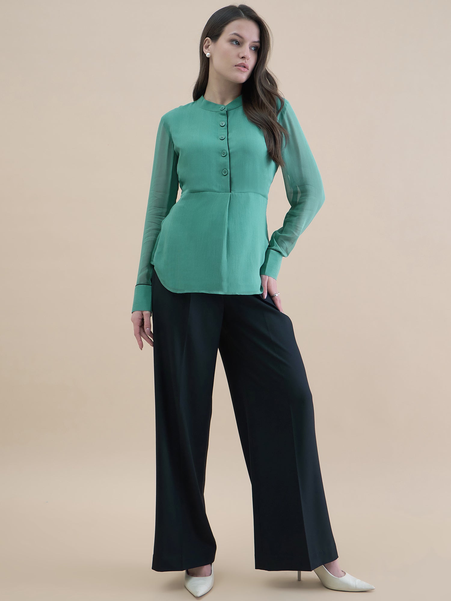 Women Piping Detailed Button-Up Long Sleeve Solid Top