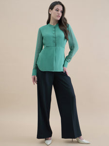 Women Piping Detailed Button-Up Long Sleeve Solid Top