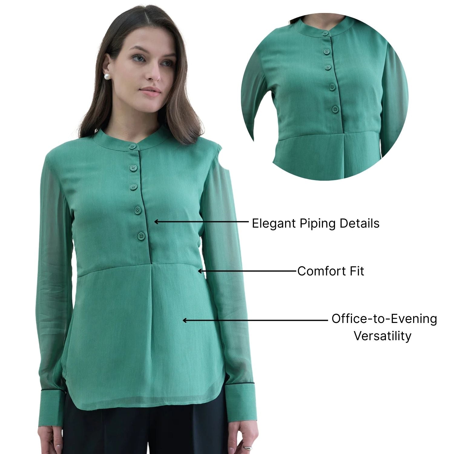 Women Piping Detailed Button-Up Long Sleeve Solid Top