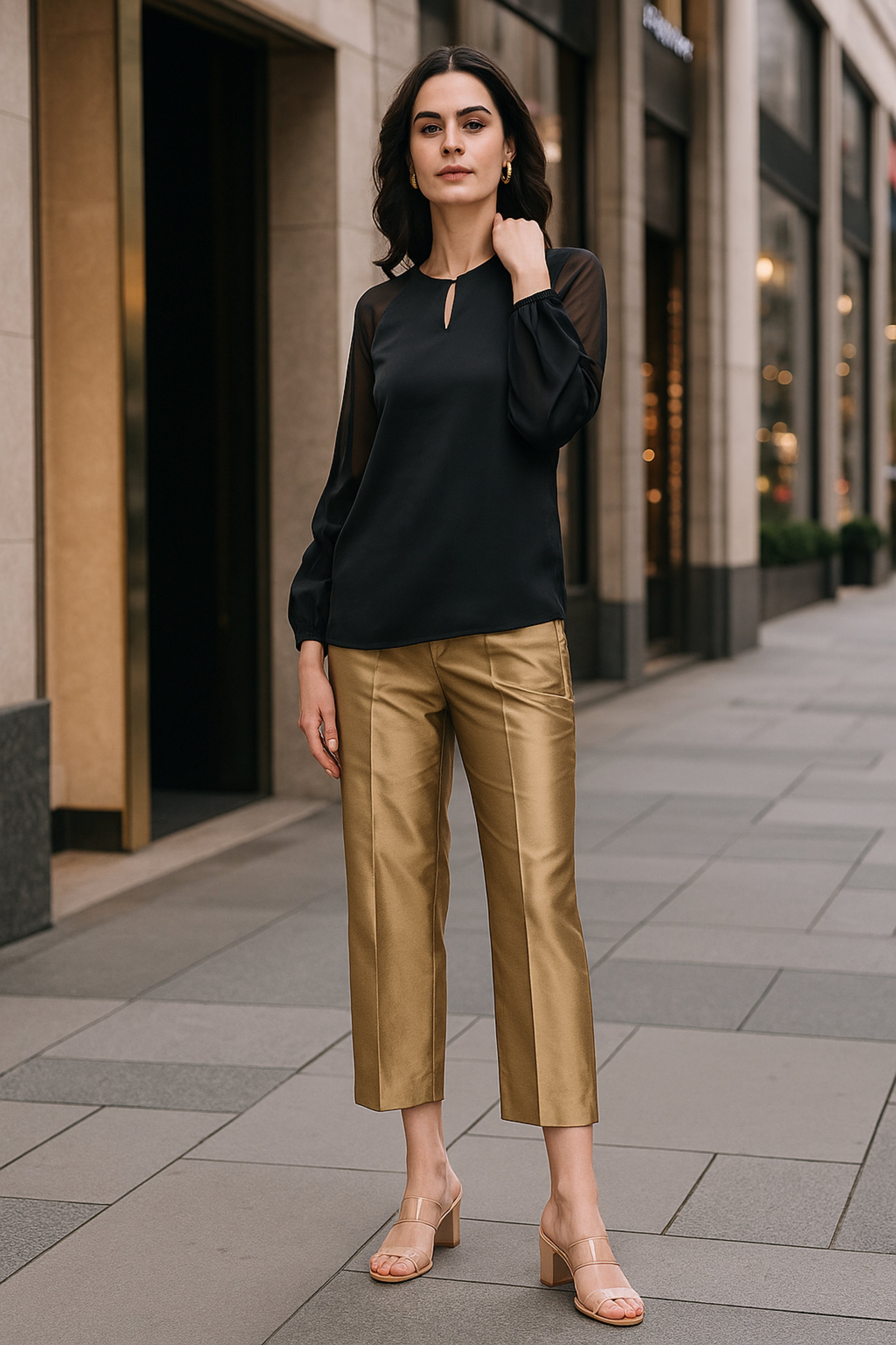 Black Satin Keyhole Detailed Top With Semi-Sheer Sleeves