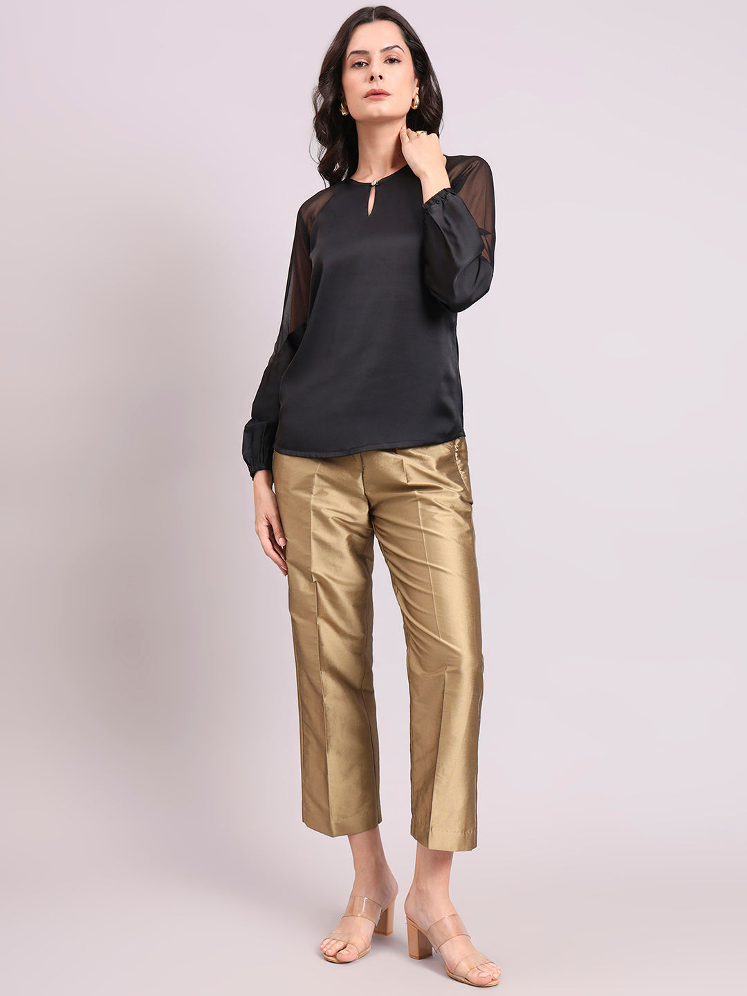 Black Satin Keyhole Detailed Top With Semi-Sheer Sleeves