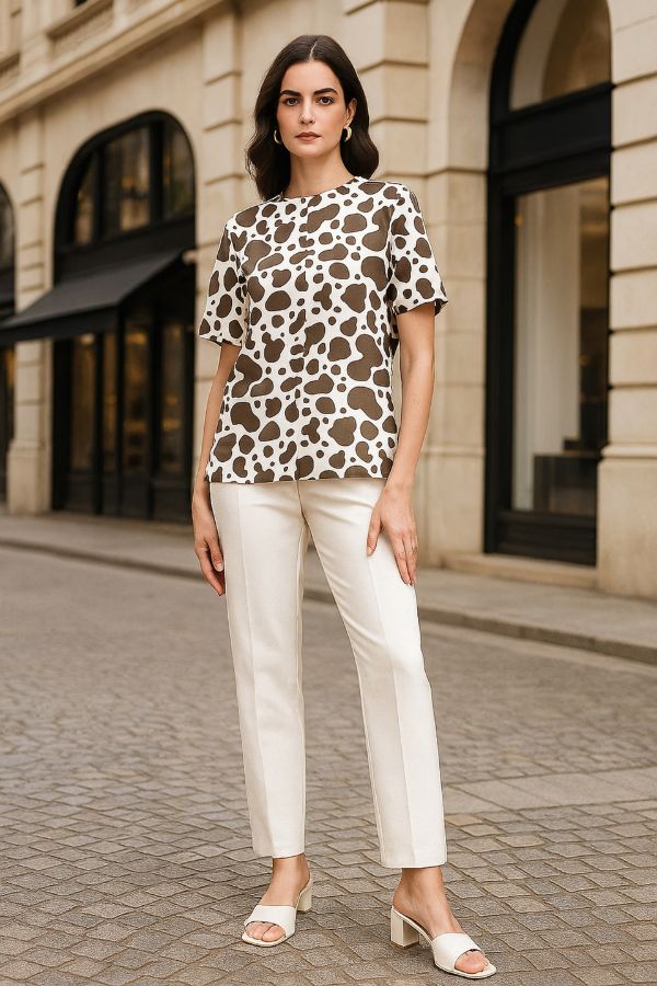 Animal Print Keyhole Detail Round Neck Top