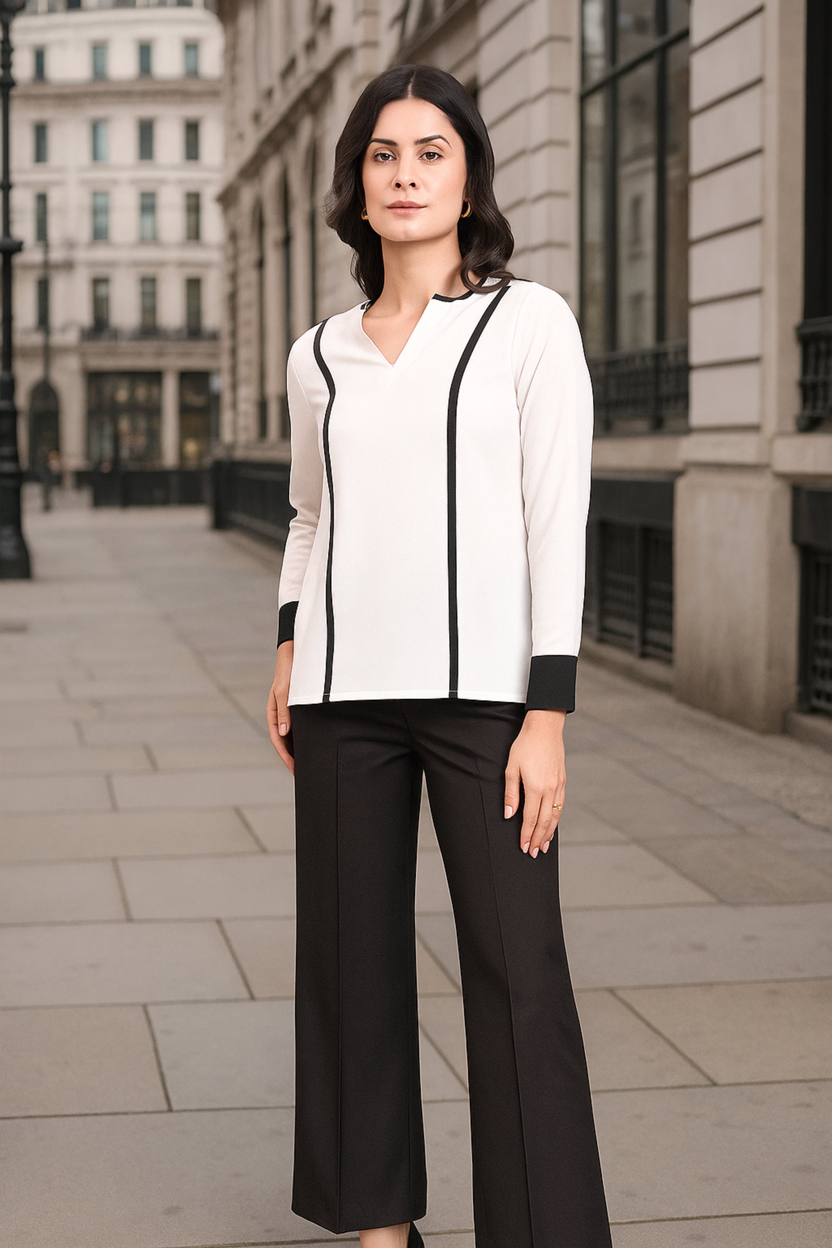 White Crepe Top With Round V-Neck & Black Contrast Trim Detailed