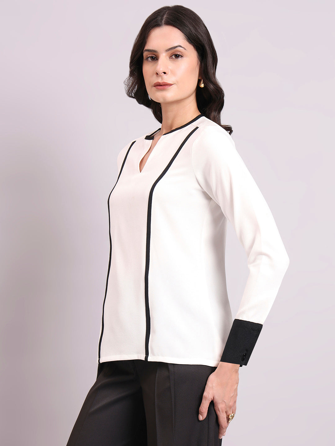 White Crepe Top With Round V-Neck & Black Contrast Trim Detailed
