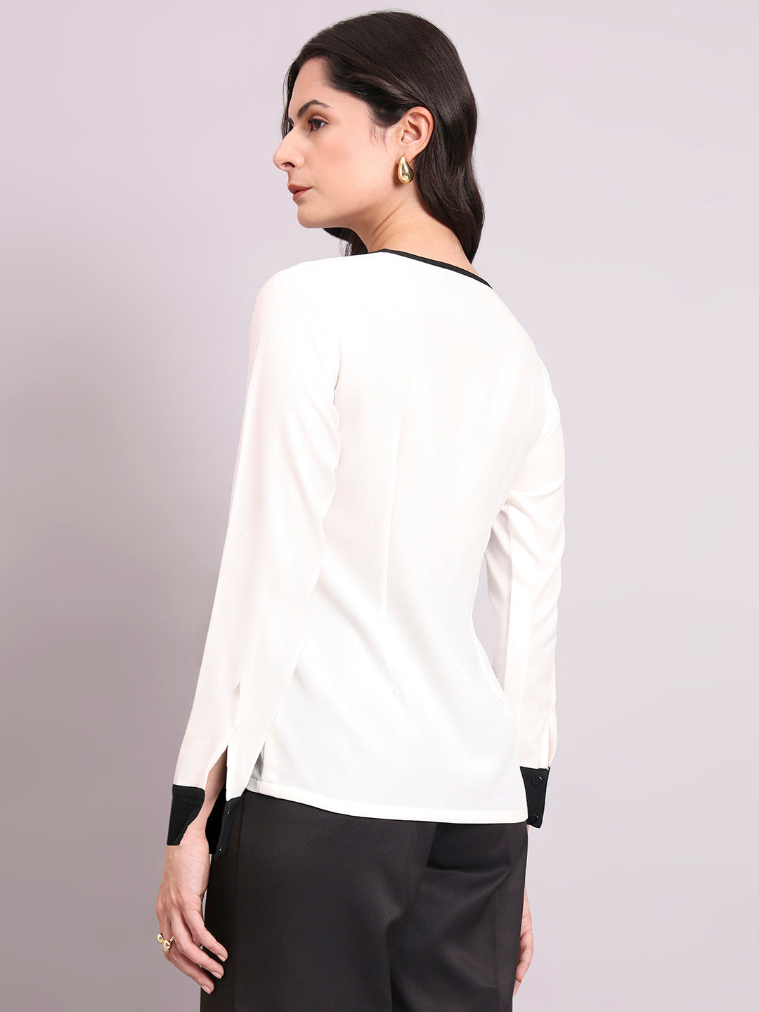 White Crepe Top With Round V-Neck & Black Contrast Trim Detailed