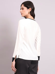 White Crepe Top With Round V-Neck & Black Contrast Trim Detailed