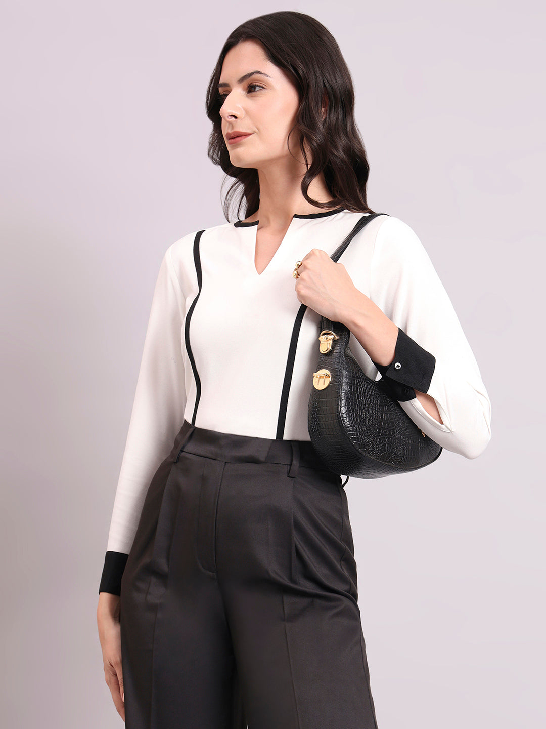 White Crepe Top With Round V-Neck & Black Contrast Trim Detailed