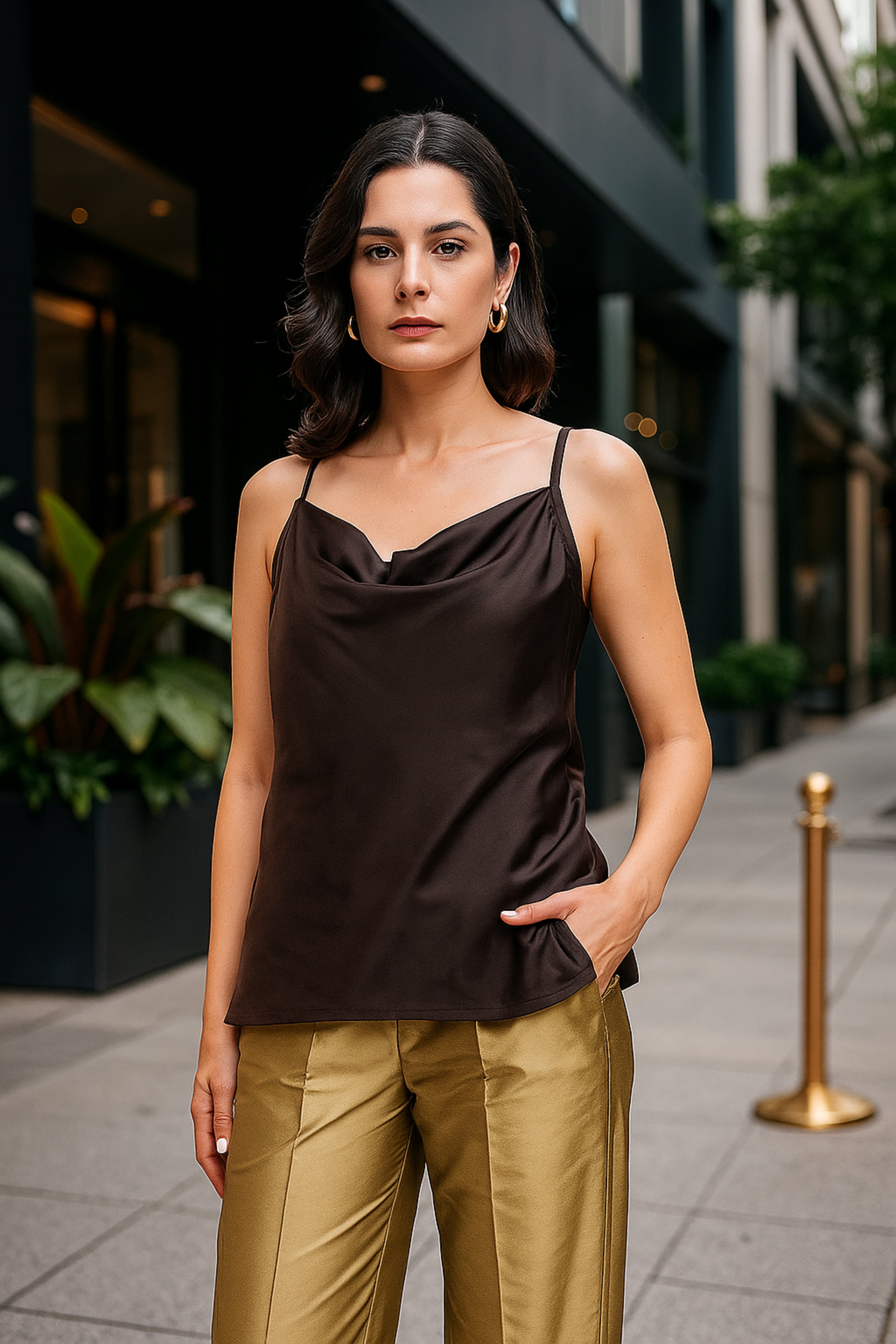 Chocolate Brown Cowl Neck Strappy Satin Top
