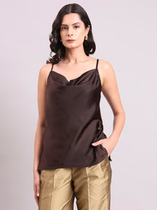 Chocolate Brown Cowl Neck Strappy Satin Top