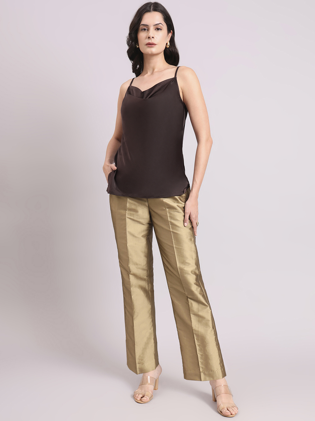 Chocolate Brown Cowl Neck Strappy Satin Top