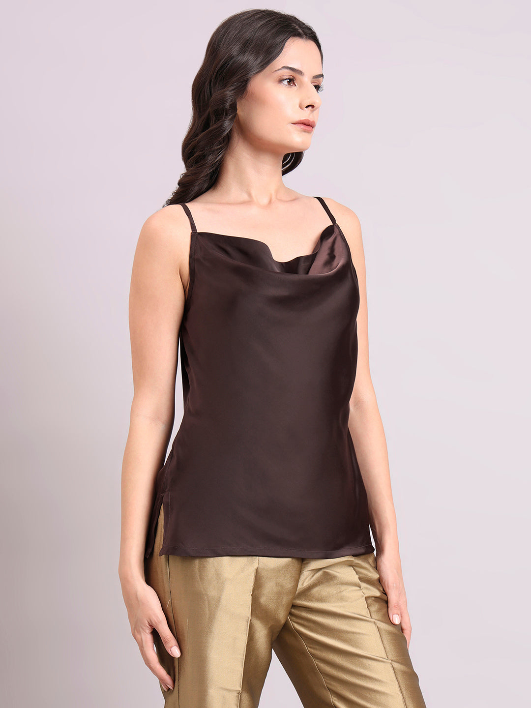 Chocolate Brown Cowl Neck Strappy Satin Top