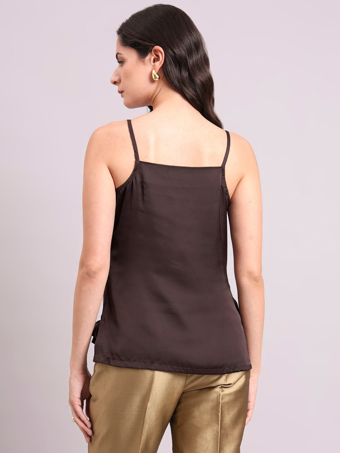 Chocolate Brown Cowl Neck Strappy Satin Top