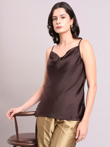 Chocolate Brown Cowl Neck Strappy Satin Top