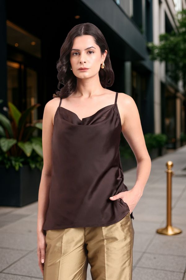 Chocolate Brown Cowl Neck Strappy Satin Top