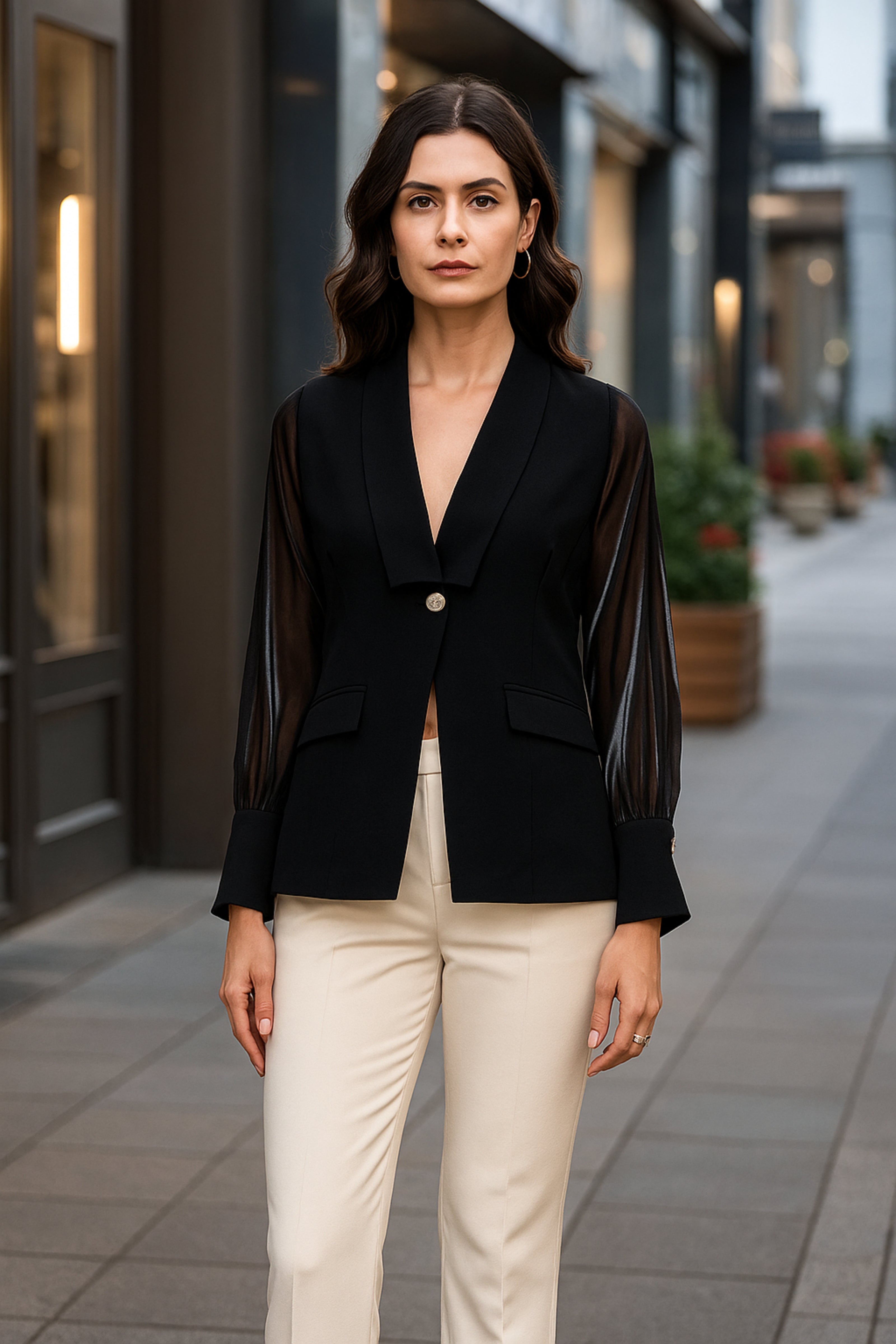 Black Shawl Collar Top With Sheer Balloon Sleeves And Fancy Buttons Detailed