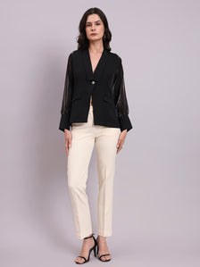 Black Shawl Collar Top With Sheer Balloon Sleeves And Fancy Buttons Detailed