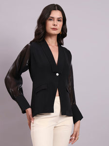 Black Shawl Collar Top With Sheer Balloon Sleeves And Fancy Buttons Detailed