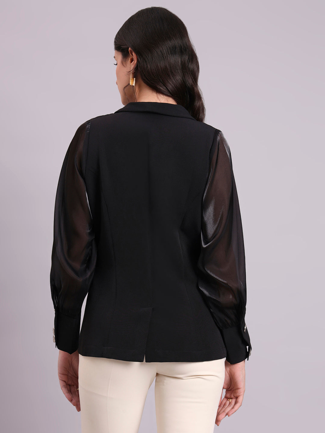 Black Shawl Collar Top With Sheer Balloon Sleeves And Fancy Buttons Detailed
